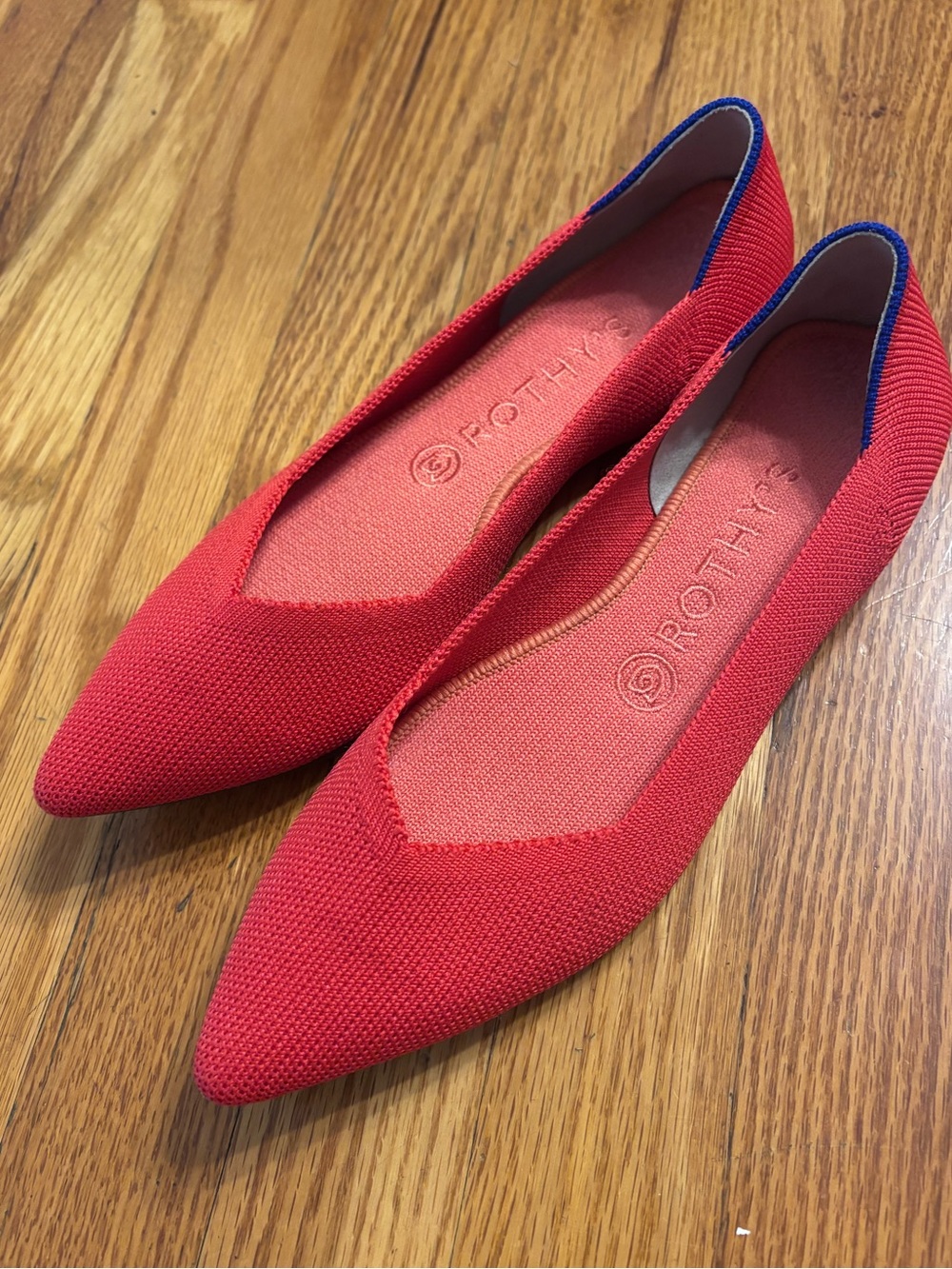 Rothy's Women's Red Pointed Knit Flats with Blue Trim